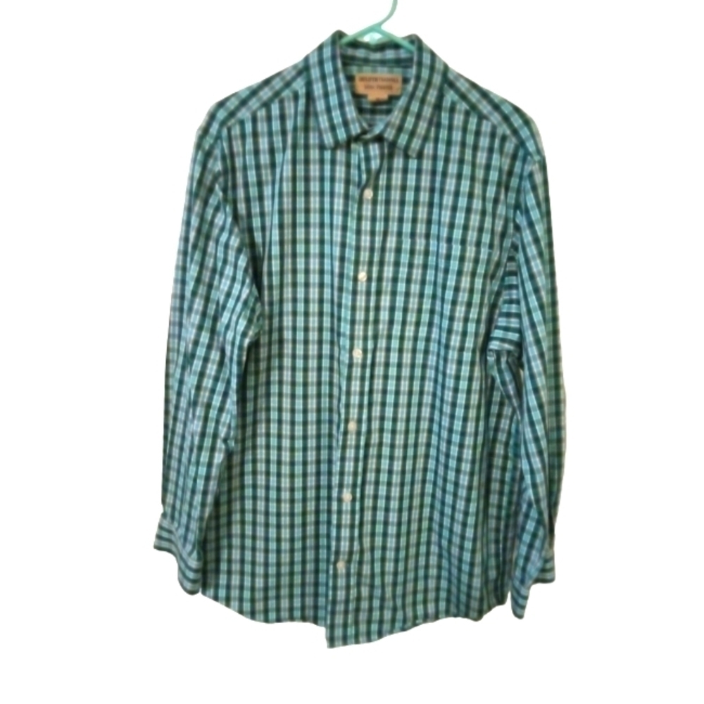 Duluth Trading Co. Wrinkle Fighter Green/Navy Plaid Long Sleeved Button Down M
